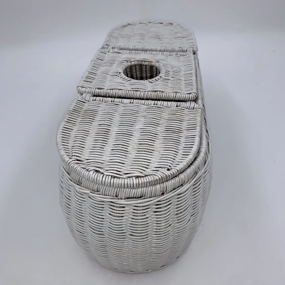 Vintage Handwoven Rattan Wicker 3 Part Tissue Basket White Storage Multipurpose